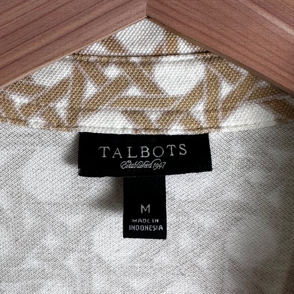 Talbots Womens Beige & White Geometric Print Polo Shirt With 3/4 Sleeves Sz M - Picture 2 of 9